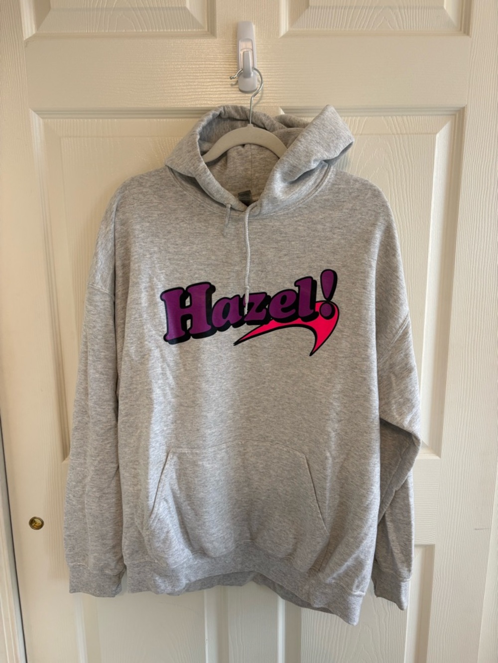 Hazel! Graphic Hoodie - Gray with Purple & Pink Logo
